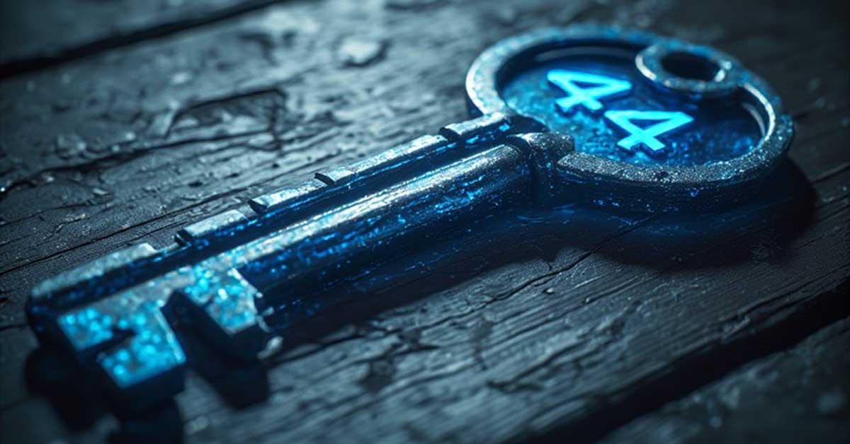 A glowing blue key with 44 inscribed on it