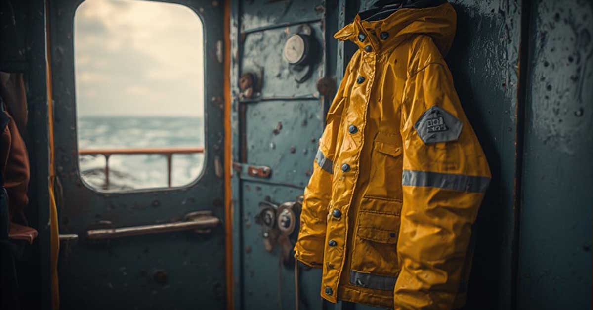 A storm jacket hanging near a cabin door