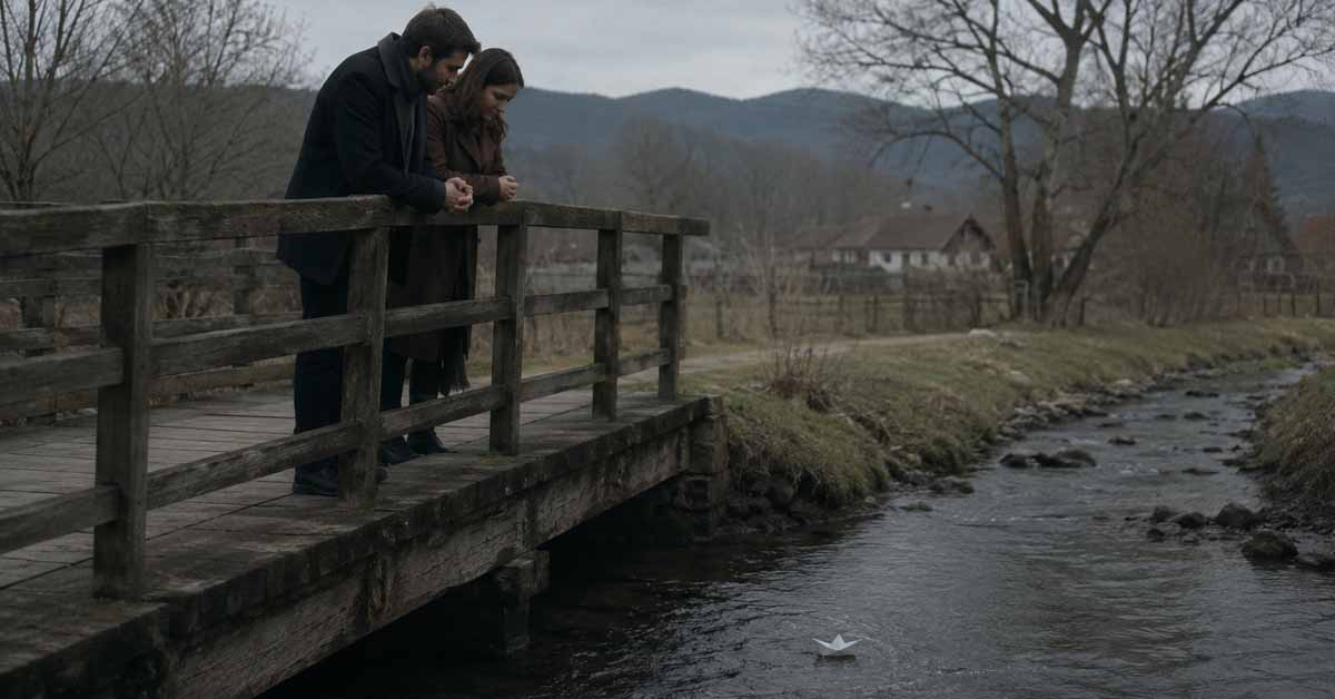 A man and a woman standing on a bridge watching a paper boat float down the river