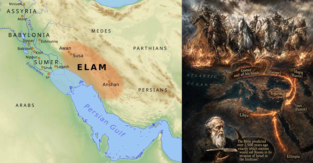 map of ancient Elam and a drawing of the the armies of Gog coming down from the north to invade Israel