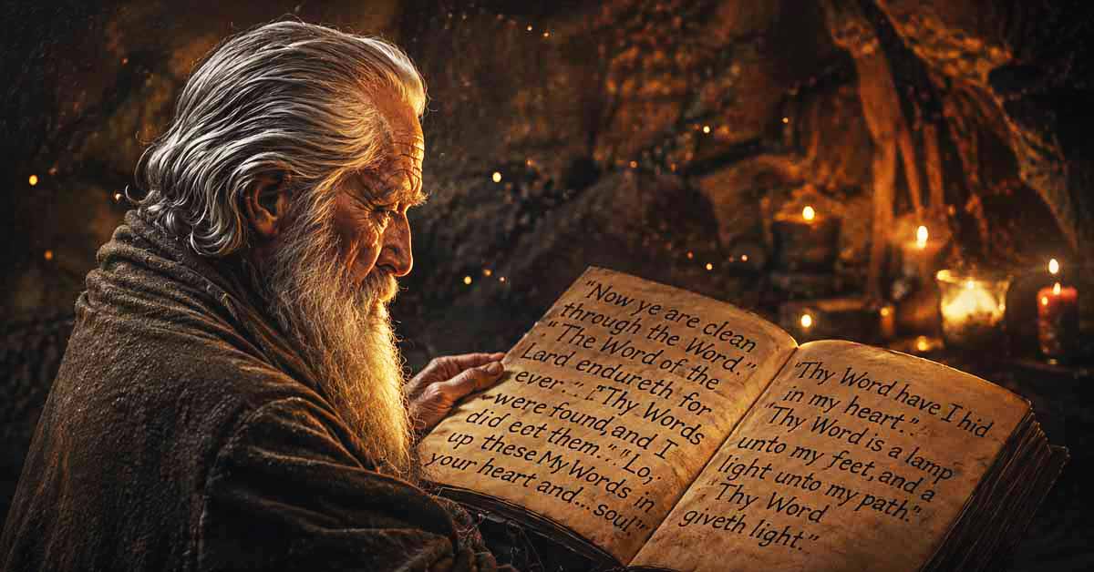 a prophet reading the word of God in a candlelit cave