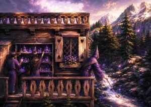 a wizard dipping a ladle into a stream of crystal purple