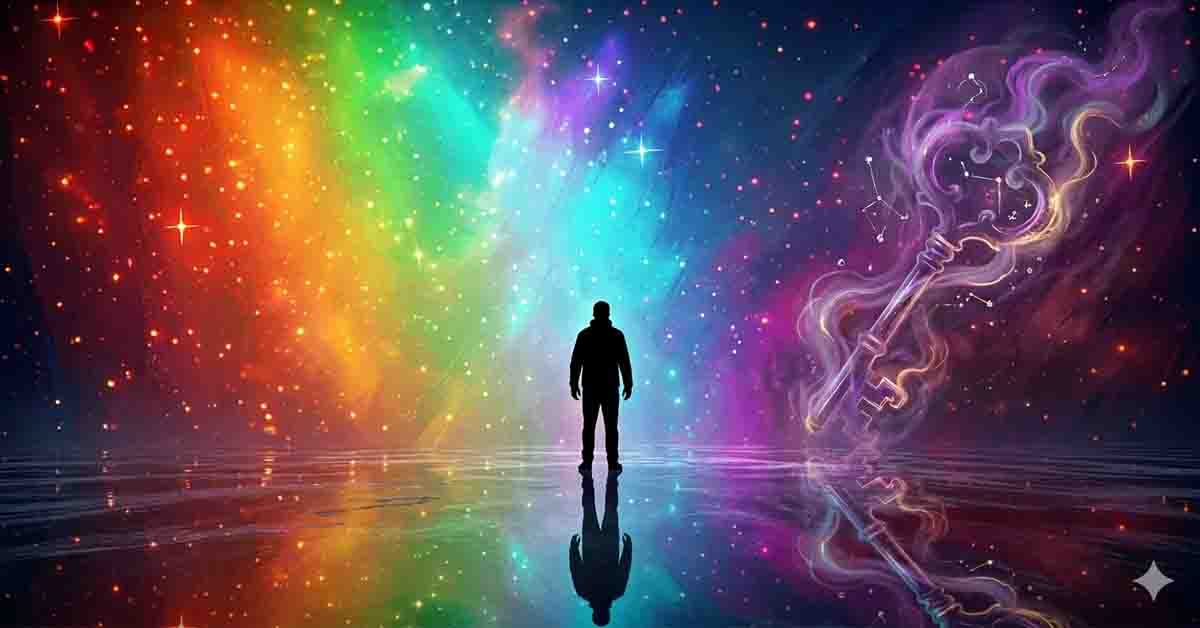 a multidimensional purple key being created out of a color spectrum frequency