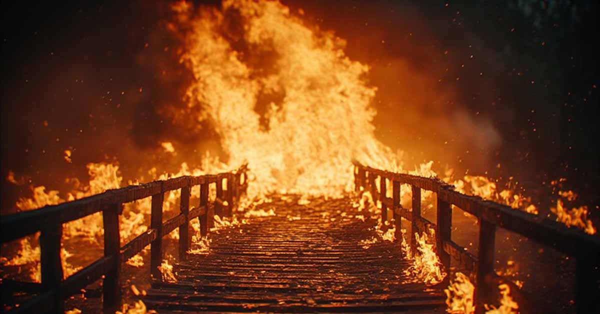 a wooden bridge on fire