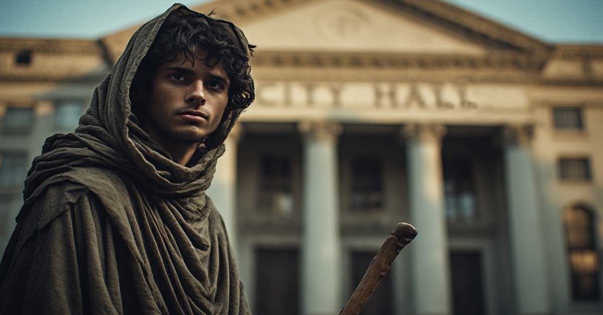 A sackcloth prophet with staff, standing outside City Hall