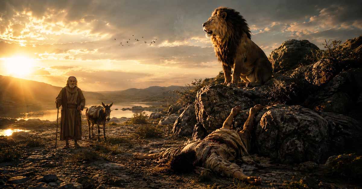 The young prophet lying dead before the feet of the lion