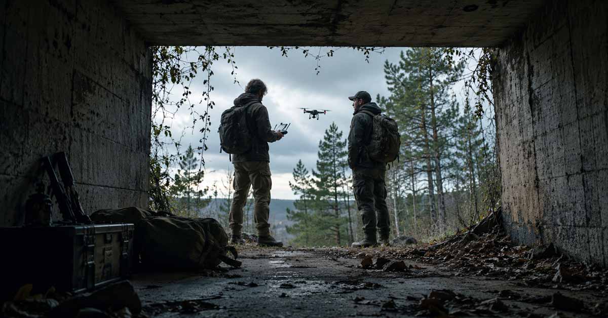 two drone pilots hiding in bunker in the forest sending off a drone