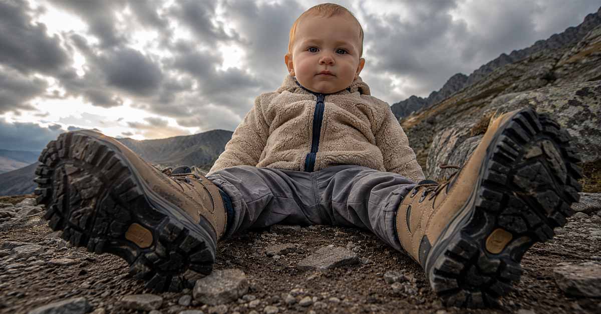 A baby with mountain boots on (too big of course)