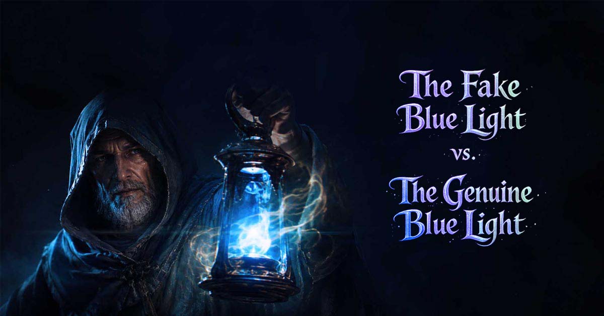 A sage holding a lamp glowing with a mysterious blue light