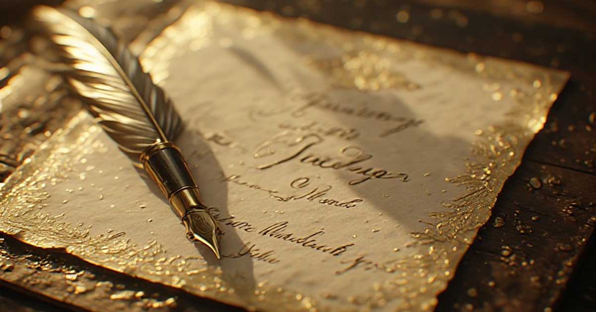 A golden quill and golden wedding invitation lying on a desk