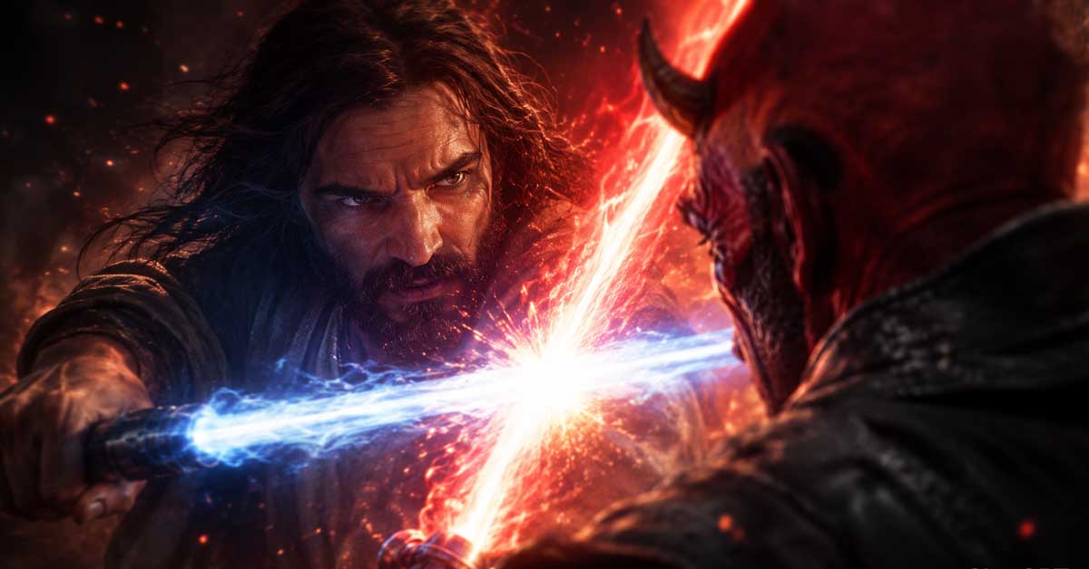 Jesus and the devil fighting with light-sabers