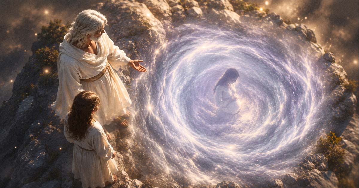 an angel showing a girl her soon to be mother, they are looking through a portal into the material world