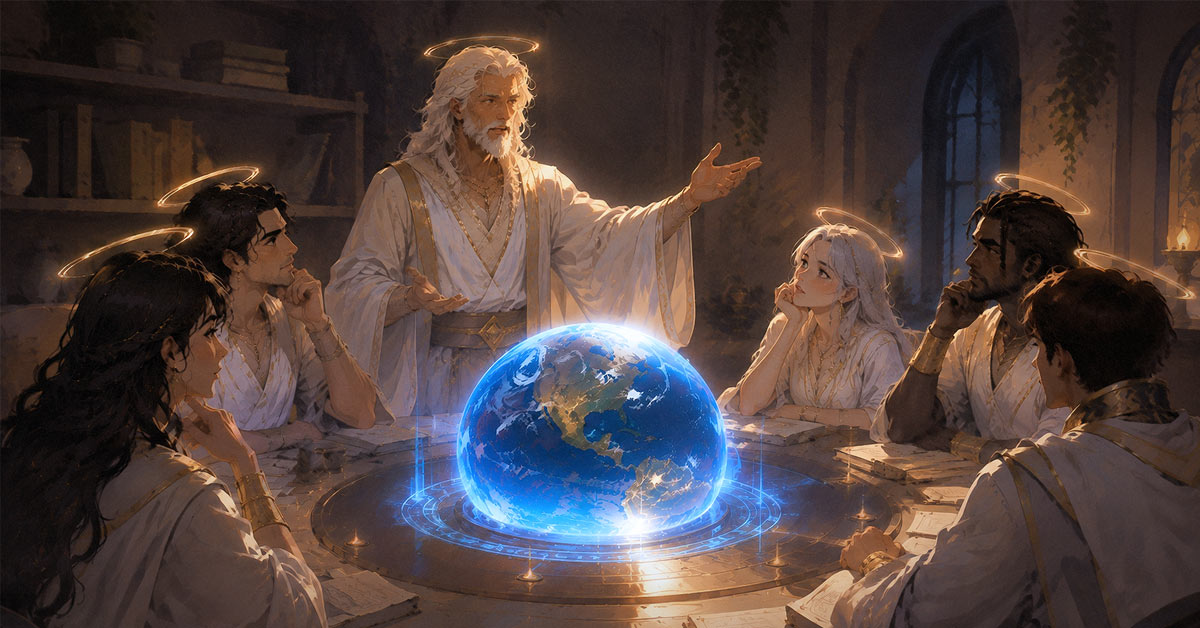 Jesus giving a class to some young saints as they sit around a hologram of the earth
